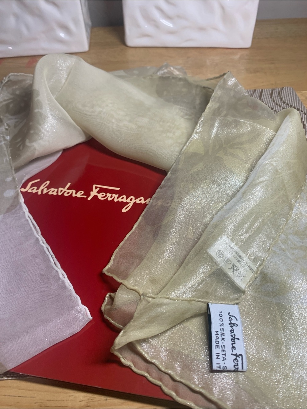 Salvatore Ferragamo Champagne and Ivory Sheer Silk Scarf